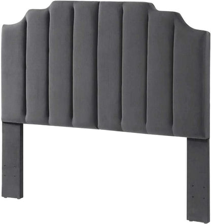 Dark Gray Velvet Tufted Queen Headboard with Curved Design