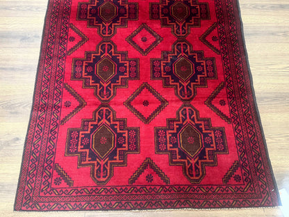 Afghan Rug 4x7, Tribal Carpet, Balouch Rug, Red and Navy Blue, Repeated Medallions, New