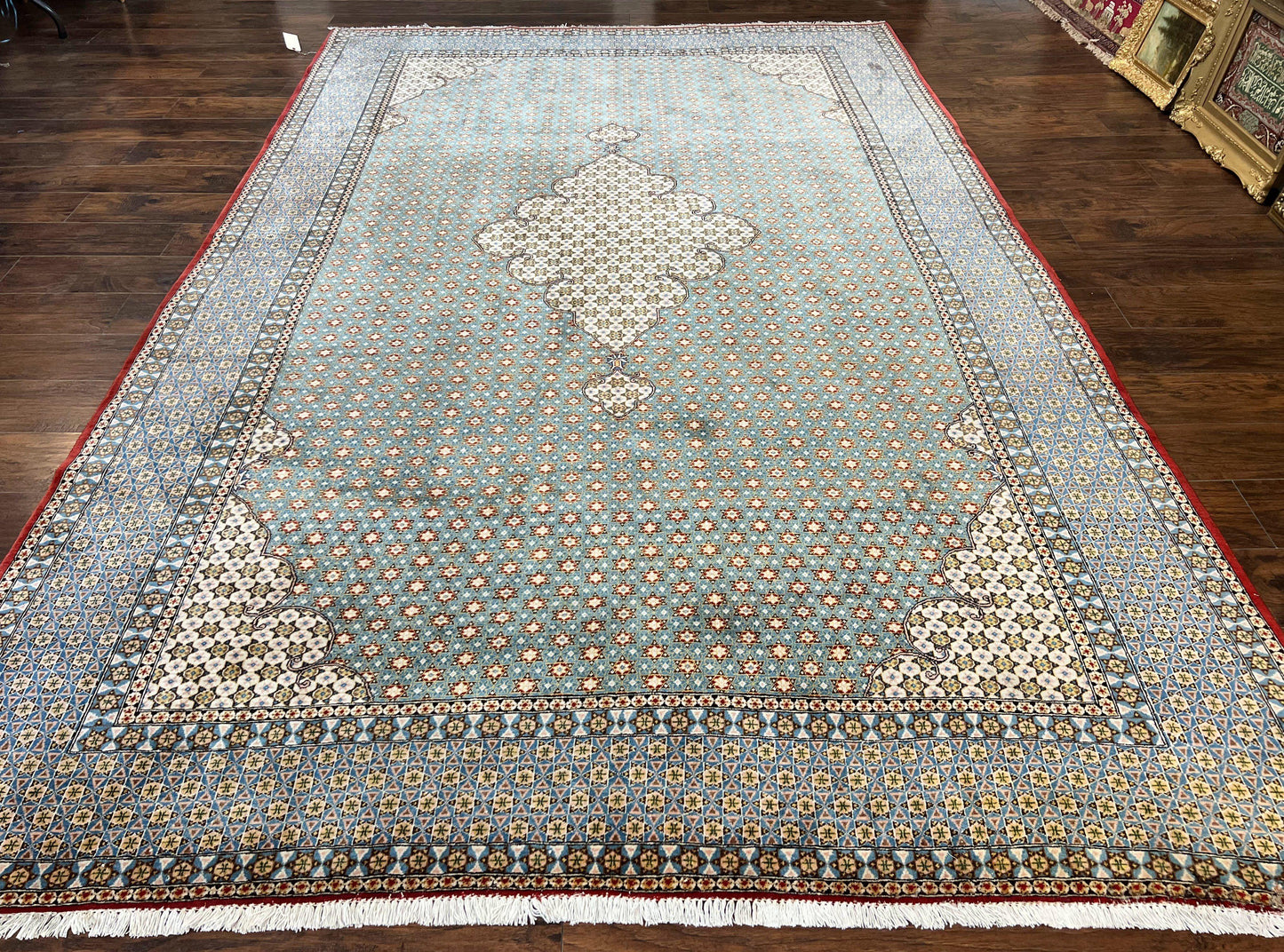 Rare Persian Rug 8x12, Qum Rug, Repeated Star Motifs, Blue and Ivory, Fine 300 KPSI, Hand Knotted Handmade Vintage Wool Rug