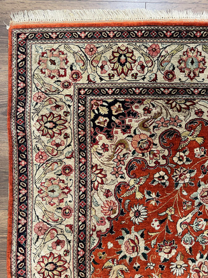 Persian Qum Silk Rug 5x7 - Floral Medallion, Birds, Orange-Red