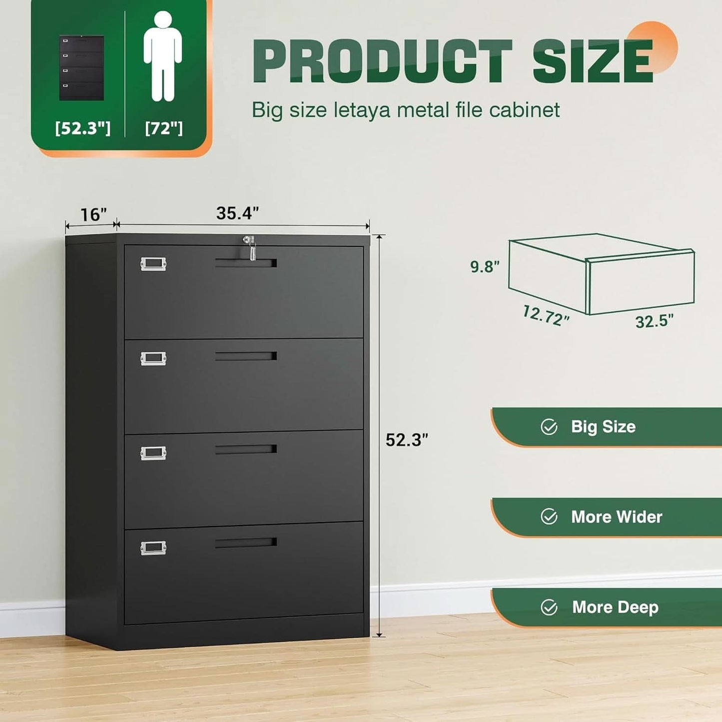 4 Drawer Metal Lateral File Cabinet With Lock For Office