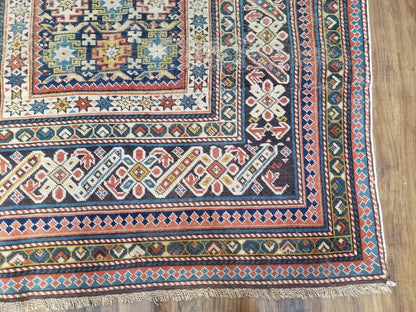 Caucasian Rug 3'9" x 5'7", Antique 1920s Collectible Caucasian Chi Chi Carpet, Hand Knotted, Colorful, Dark Blue Cream Red, Wool, Small Rug