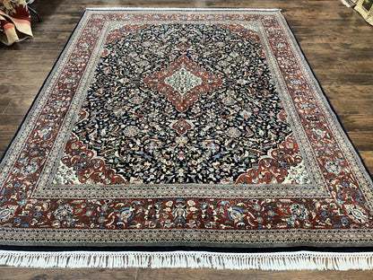 Indo Persian Rug 8x10, Floral Medallion, Vintage Handmade Wool Carpet, Navy Blue and Red, Fine 300 KPSI