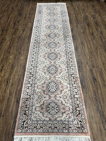 Silk Kashmiri Runner 2.7 x 10 ft Vintage Rug, Ivory Pastel Pink, Hand-Knotted Vintage Runner, Hallway Carpet, Indian Rug Medallion Runner
