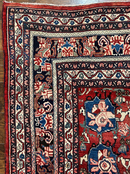 Antique Persian Bijar Rug 9x12 - Allover Motif, Red & Blue