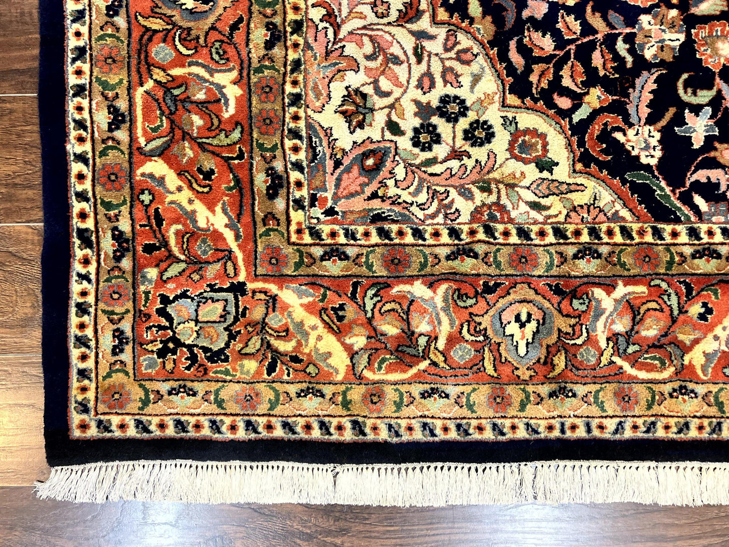 Indo Persian Rug 8x10, Midnight Blue & Red, Handmade Vintage Wool Carpet, Floral Medallion