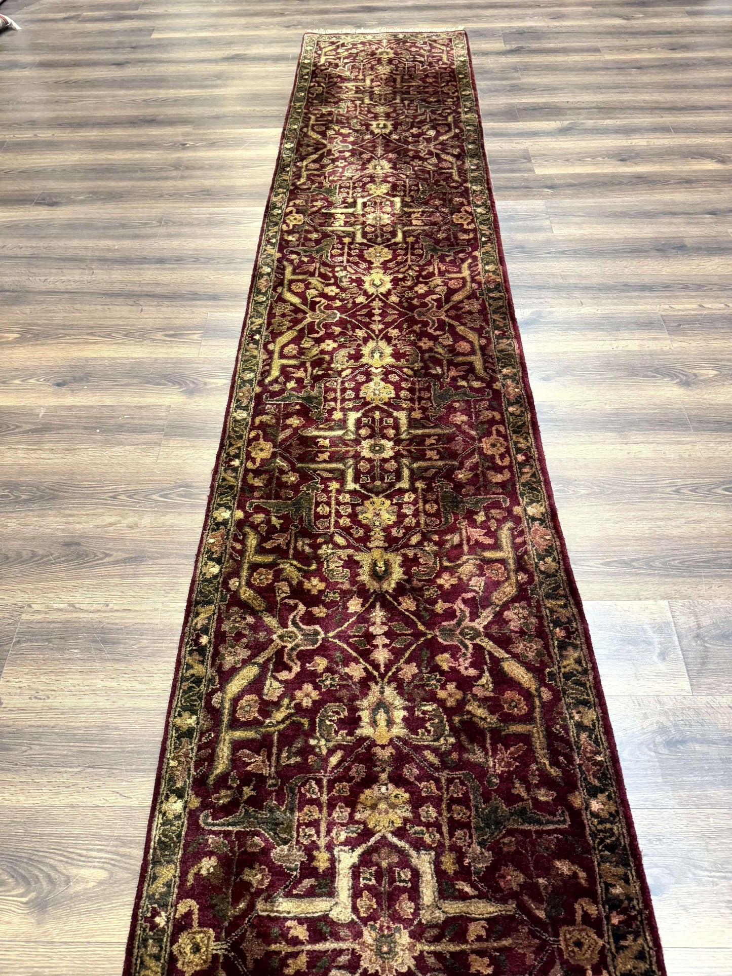 Indo Persian Runner Rug 2.7 x 13.8, Maroon, Wool, Handmade Indian Rug for Hallway