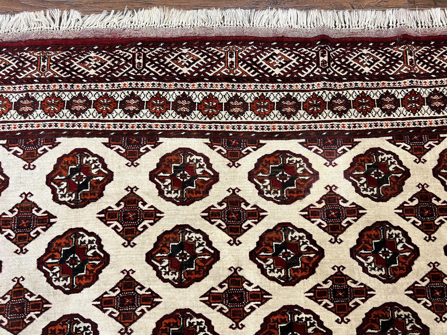 Persian Turkoman Rug 7x8, Almost Square Rare, Hand Knotted, Yamud, Bohemian Rug, Handmade Tribal Rug, Cream Red, Handmade Oriental Carpet