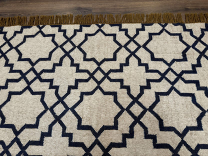 Indian Kilim Rug 8x10, Oat and Navy Blue, Dhurrie Carpet, Handmade, Wool