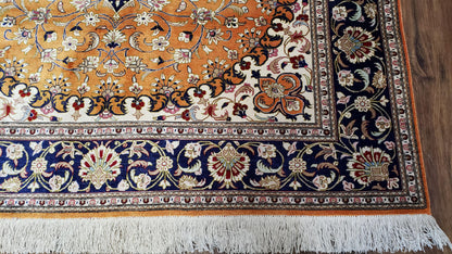 Vintage Persian Qum Silk Rug 4.6 x 6.7, Burnt Orange and Navy Blue, Antique Oriental Very Fine Signature Master Weaver 350+ KPSI Ghom Qom 5x7 Rug