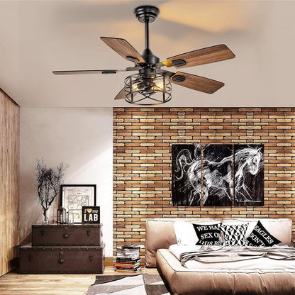 42 Inch Farmhouse Cage Ceiling Fan With Remote E26 Bulbs