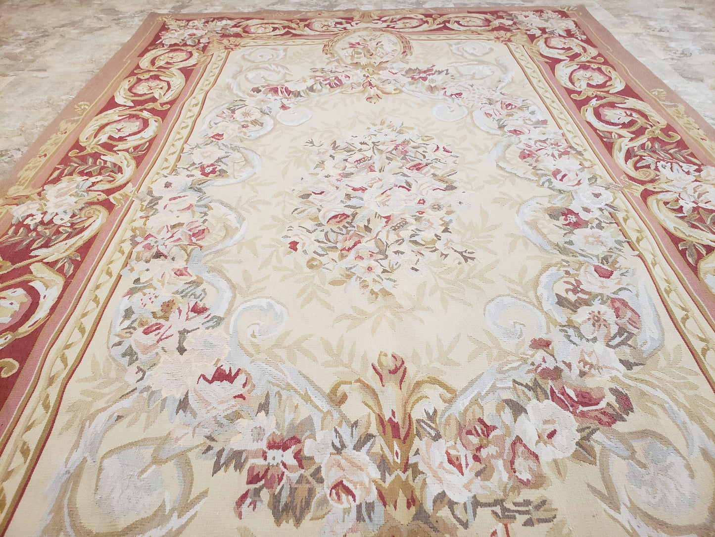Aubusson Rug 6x9, Elegant Flatweave Rug, Aubusson Savonnerie 6 x 9 Flatweave Area Rug, Cream and Red, Wool Hand Woven Carpet, Medium Size