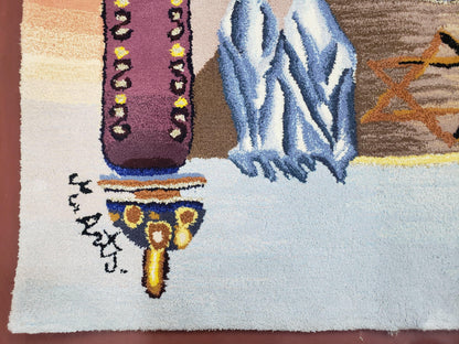 Vintage Judaica Pictorial Rug 3x5, Wool Hand-Tufted Israeli Signed Rug, Jerusalem Rug, Star of David Torah Scroll Verses, Chanuka Gift