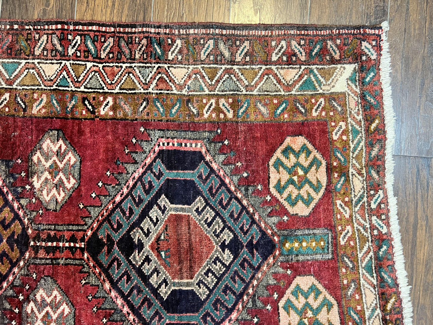 Persian Heriz Runner Rug 3.8 x 8.6, Geometric Design, Large Triple Medallions, Hand Knotted Handmade Vintage Wool Hallway Rug, Red