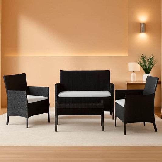 4 Piece Rattan Patio Set With Glass Table Black Cushions