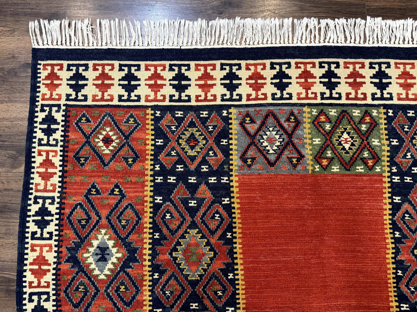 Turkish Kilim Rug 5x8, Flatweave Carpet, Handmade Bohemian Rug, Terracotta and Navy Blue