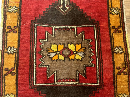 Turkish Yastik Rug 2x3, Geometric Medallion, Small Turkish Wool Rug, Red