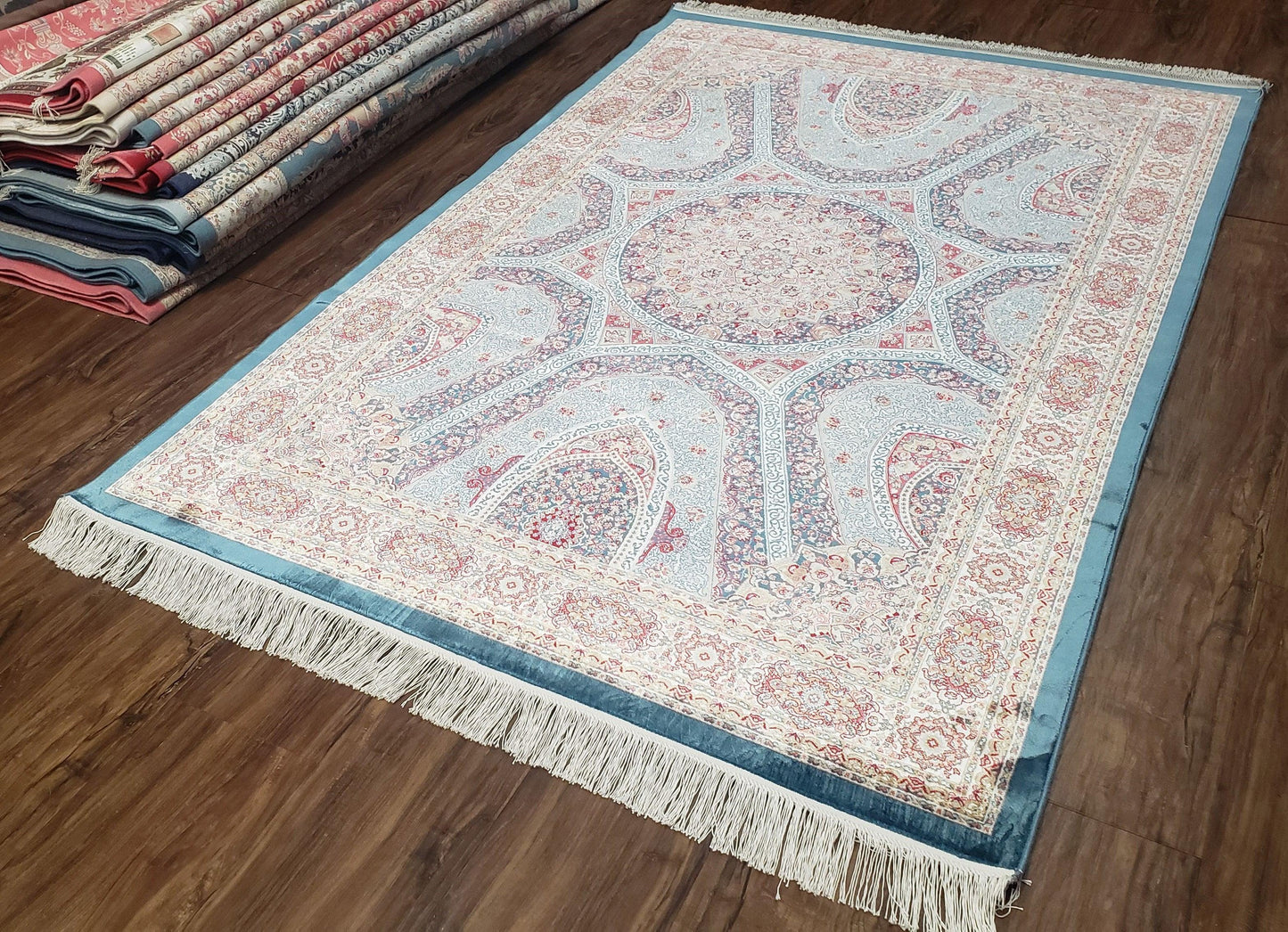 4x6 Silk Carpet, Light Blue & Beige Oriental Rug 4 x 6ft, Traditional Design Medallion All Over, Bamboo Silk, Super Fine, High Quality, Soft