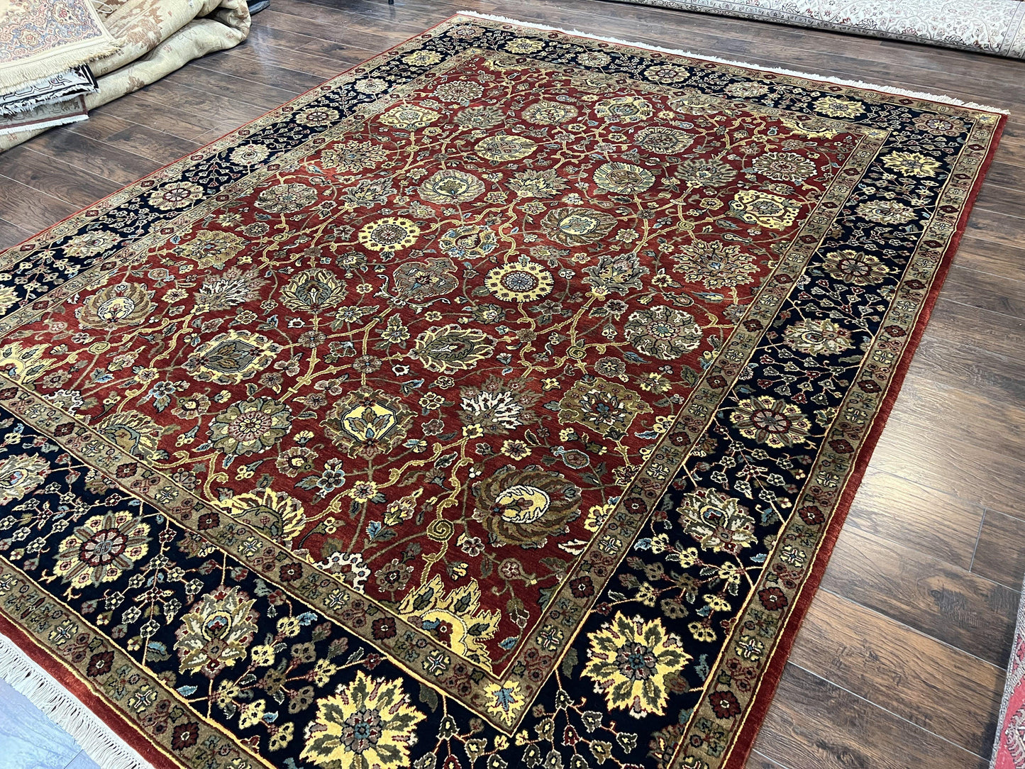 Indo Persian Rug 9x12, Hand Knotted Traditional Indian Wool Oriental Carpet 9 x 12 ft, Maroon and Navy Blue, Floral Allover 9x12 Vintage Rug