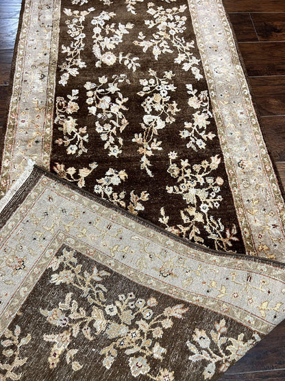 Peshawar Runner Rug 3 x 20, Wool Hand Knotted Vintage Pakistani Carpet, Brown & Taupe, Chobi Mahal Floral Rug, Extra Long Hallway Runner