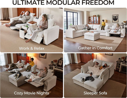 102.8 Inch White Chenille Power Recliner Sofa With Headrest Storage USB Table Wall Hugger