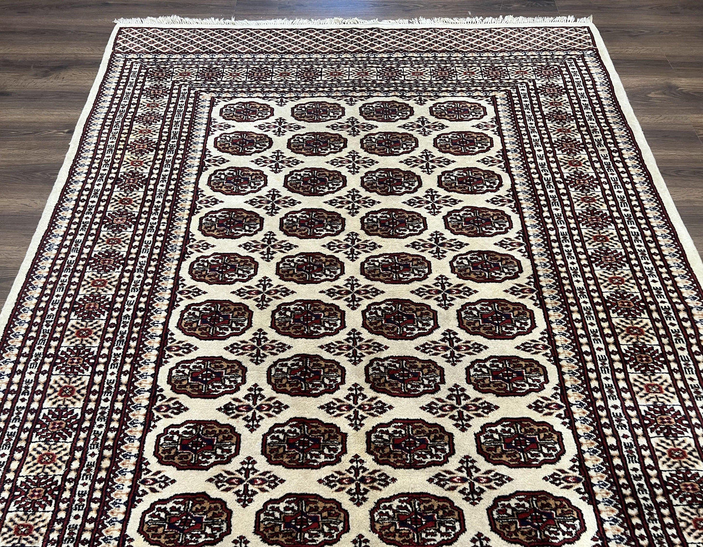 Pakistani Turkoman Rug 6x9, Cream and Red Hand Knotted Wool Oriental Carpet, Yamud Rug, Tribal Rug 6 x 9, Bohemian Area Rug, Bokhara Rug