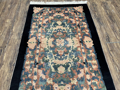 Chinese Art Deco Rug 3x5, Black and Beige Chinese Carpet 3 x 5, Vintage Rug, 1950s Rug, Floral Rug, Handmade Rug, Art Deco Rug, Wool Rug