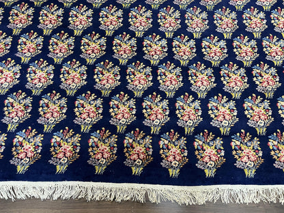 Persian Rug 9x12, Authentic Hand Knotted Carpet, Repeated Floral Motif Garden of Eden, Navy Blue Wool Rug 9 x 12, Semi Antique Kirman Rug