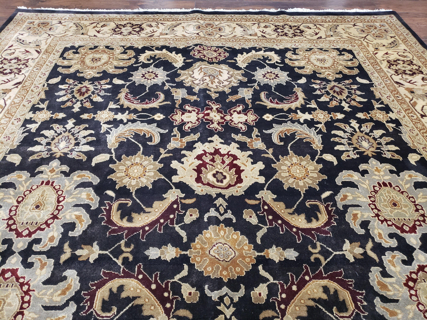 Indo Mahal Rug 8x12, Indian Sultanabad Handmade Area Rug, Vintage Hand-Knotted Wool Black Floral Traditional Oriental Dinning Room Rug