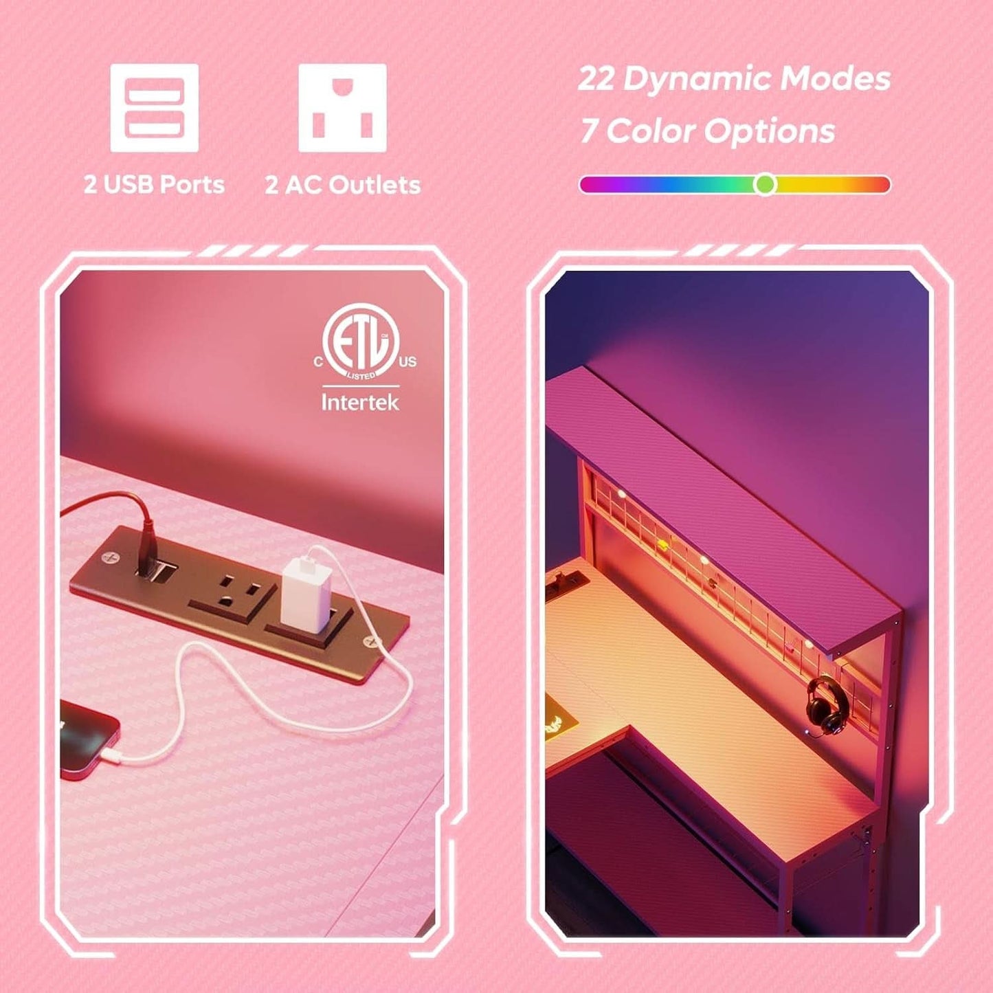 51 Inch L Shaped Gaming Desk Pink With Power Outlets And LED Lights