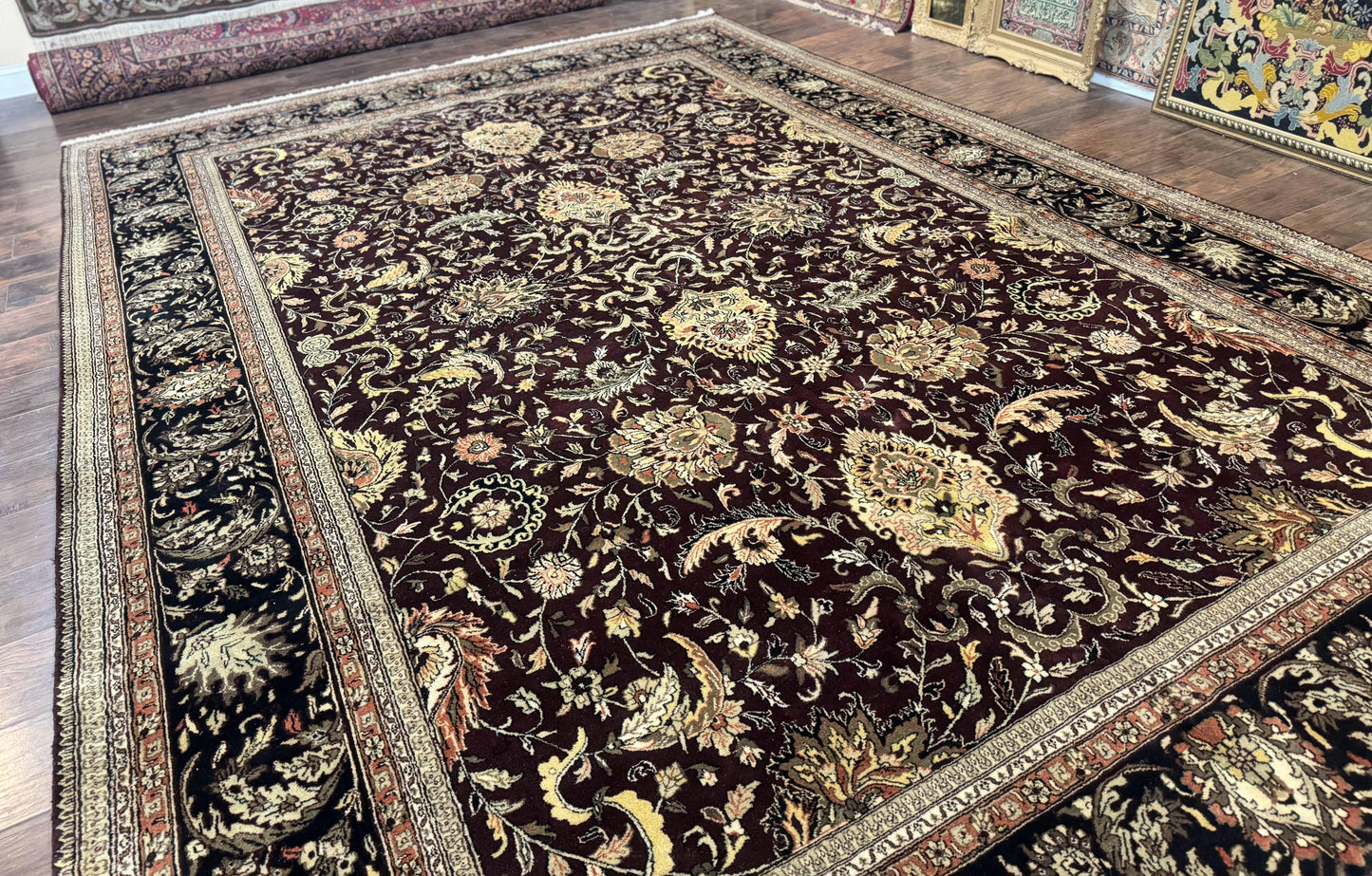 Indo Persian Rug 10x14, Floral Allover, Handmade Vintage Wool Rug, Dark Maroon/Plum and Black