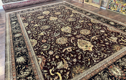 Indo Persian Rug 10x14, Floral Allover, Handmade Vintage Wool Rug, Dark Maroon/Plum and Black