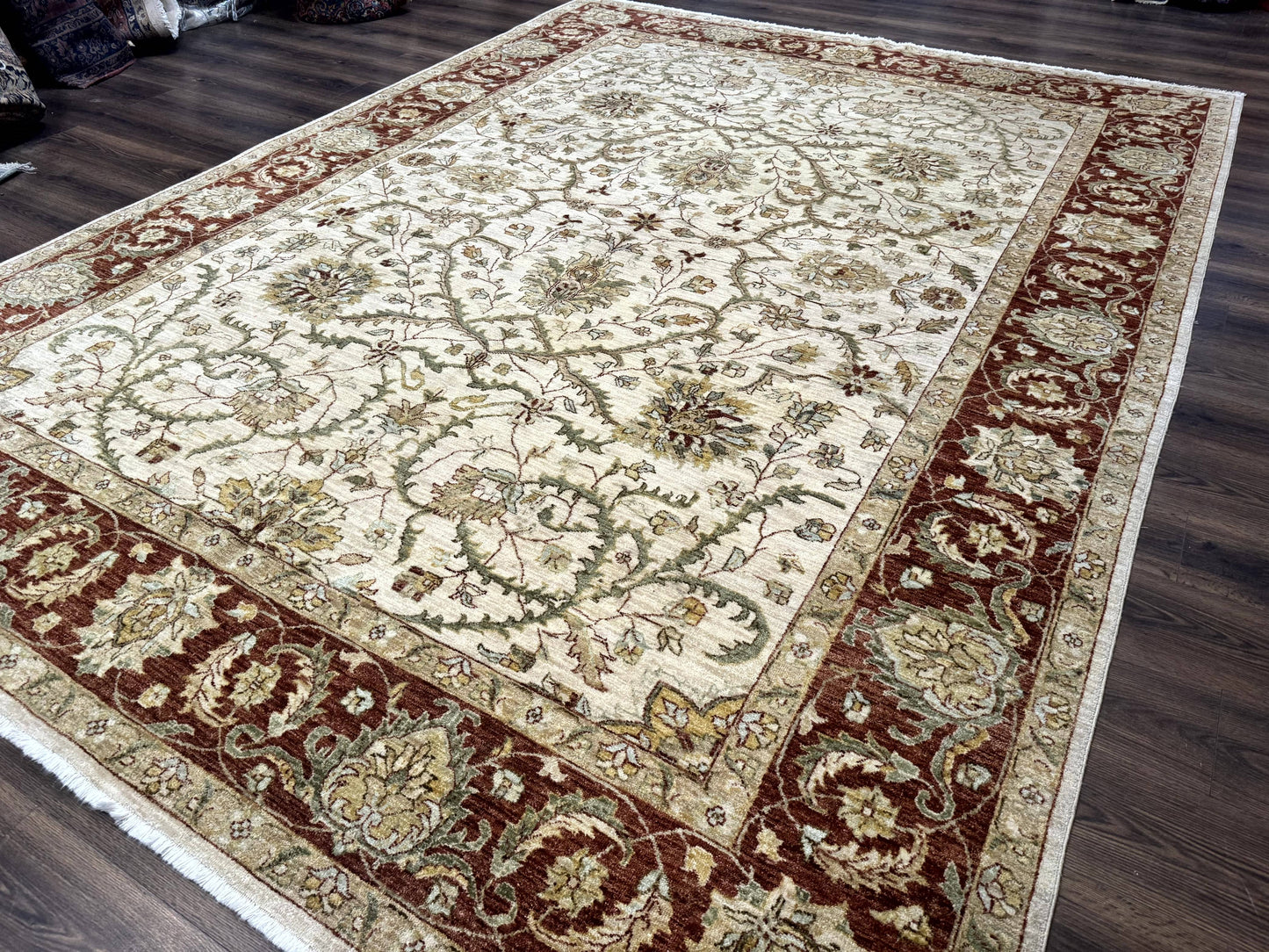 Pakistani Rug 9x12, Floral Allover Peshawar Carpet, Chobi, Beige and Rust Red, Traditional