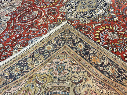 Wonderful Persian Qum Rug 10x14, Wool w/ Silk Highlights, Hand Knotted Semi Antique Vintage Carpet, Red, Floral, Fine Weave, Birds Deer Pictorials