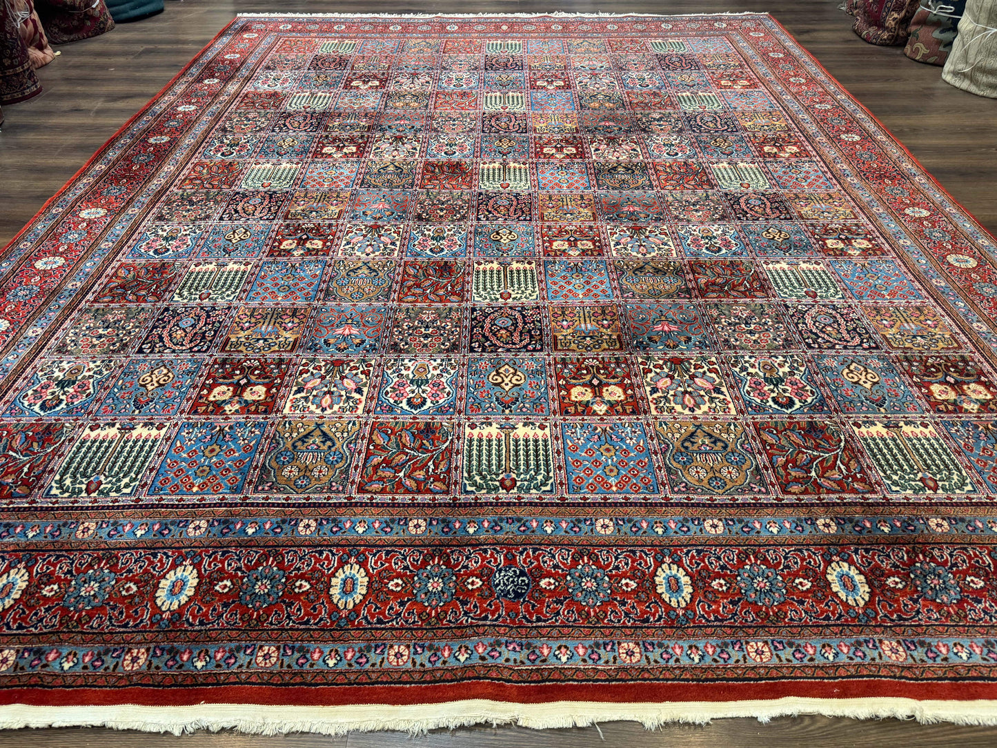 Wonderful Persian Qum Rug 10x13, Panel Design, Fine 260 KPSI, Signed, Red Multicolor