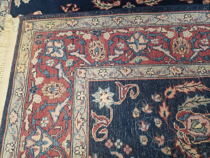 Dark Blue Indo Persian Rug 4x6, Medium Size Hand Knotted Oriental Carpet, Traditional Floral Indian Rug, Blue and Red Entryway Rug, Wool Rug