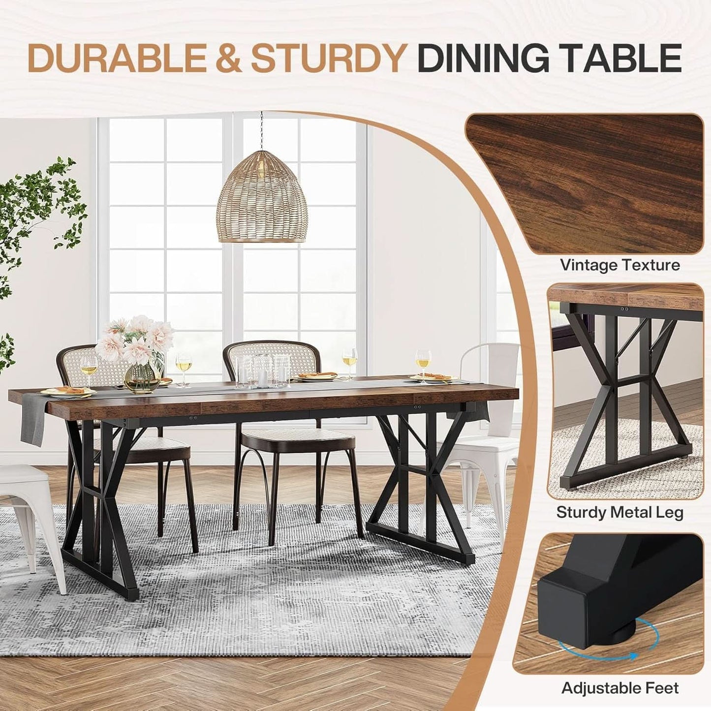 Farmhouse 70.8 Inch Wood Dining Table With Metal Legs