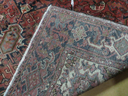 Persian Rug 8x11 Room Sized Heriz Carpet, Hand Knotted Wool Rug, Vintage Semi Antique, Geometric Medallion, Wine Red Cream Dark Blue, Wow