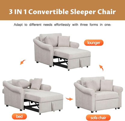 Chenille Convertible Sleeper Chair With Backrest Beige