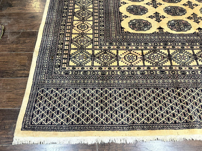 Pakistani Bokhara Turkoman Rug 9x11, Cream, Handmade Wool Vintage Carpet