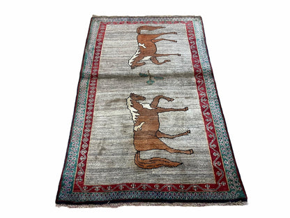 4 X 6 Handmade Rug Zagros New Vintage Quality Wool Rug Horses Silver Brown Nice