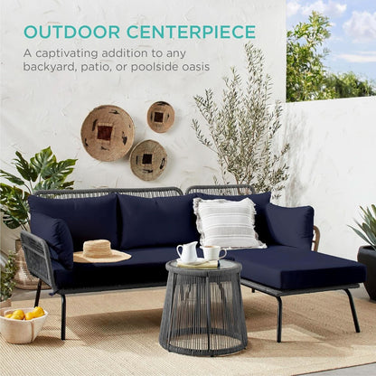 Outdoor Rope Woven Sectional Sofa Gray Navy Cushions