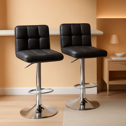 Bar Stools Set Of 2 Black PU Leather Swivel Adjustable Counter Height