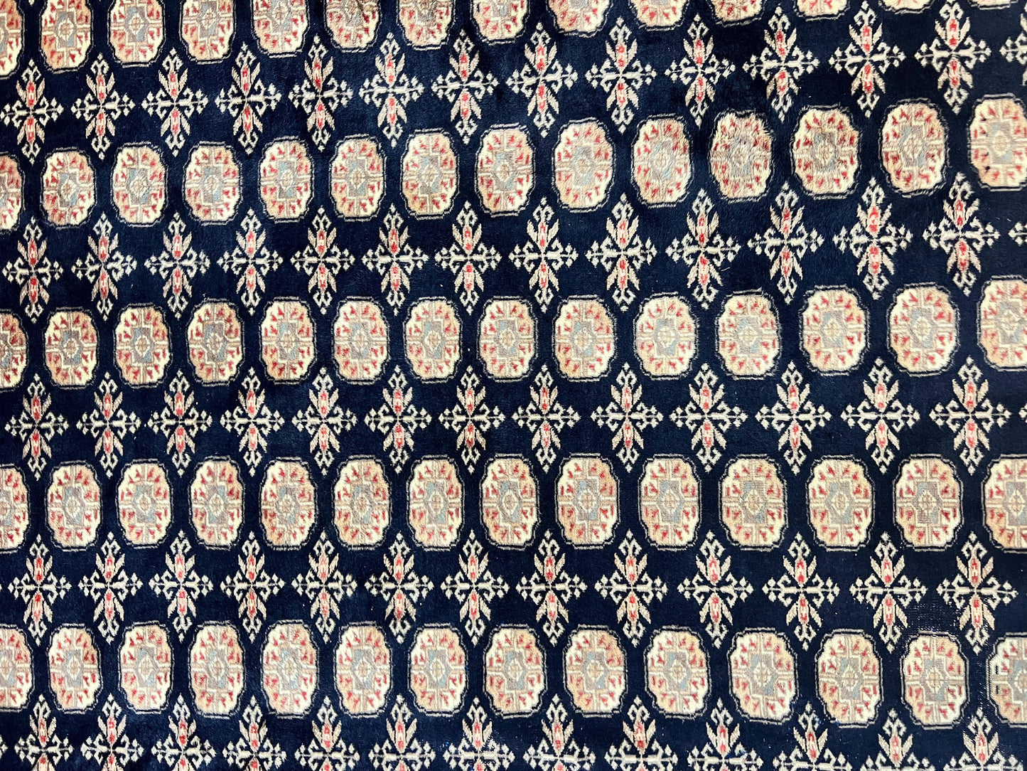 Pakistani Bokhara Rug 8x10, Turkoman Carpet, Dark Blue and Beige, Vintage Handmade Wool Carpet