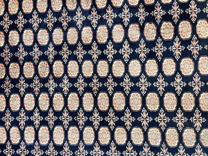 Pakistani Bokhara Rug 8x10, Turkoman Carpet, Dark Blue and Beige, Vintage Handmade Wool Carpet
