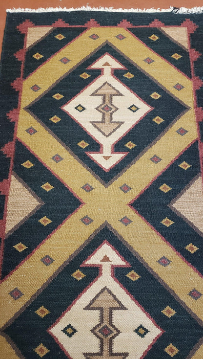 Vintage Indian Kilim Runner Rug, Geometric Flatweave Hand-Knotted Wool Kitchen Hallway Runner, Black Gold & Beige, 2' 8" x 9' 9"