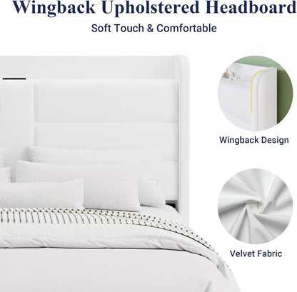 Full Size Platform Bed Frame With USB Charging Station And Storage Headboard