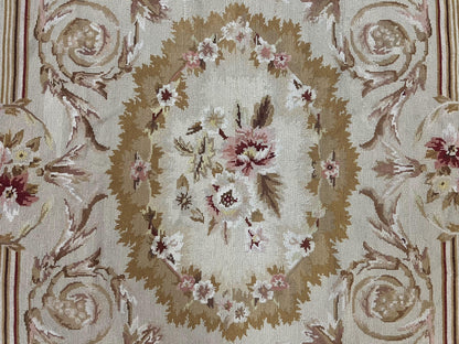 Aubusson Needlepoint Rug 4x5 ft, Beige and Tan, Aubusson Savonnerie Vintage Carpet, Handwoven Handmade Wool Rug, European Design Floral Rose