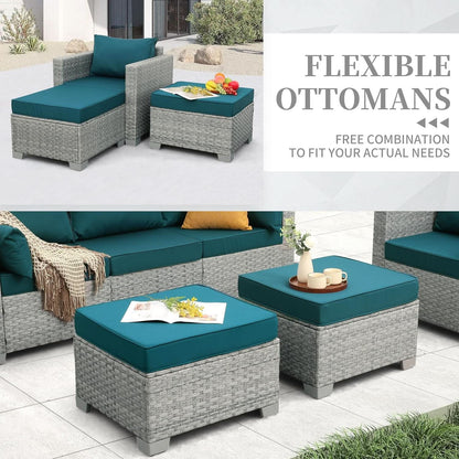 Patio Furniture Set 6 Piece Outdoor Grey Wicker With Peacock Blue Cushions