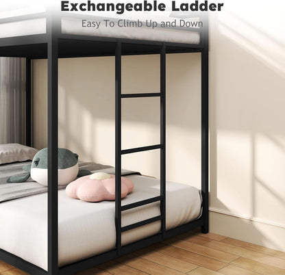 Twin Over Twin Metal Low Profile Bunk Bed With Guardrails And Ladder Black